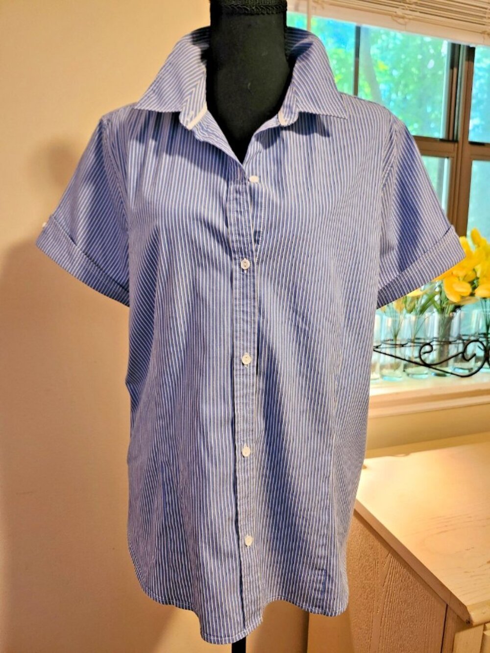 Liz Claiborne XL Blue White Striped Blouse Short Sleeve Coastal Preppy Classic T